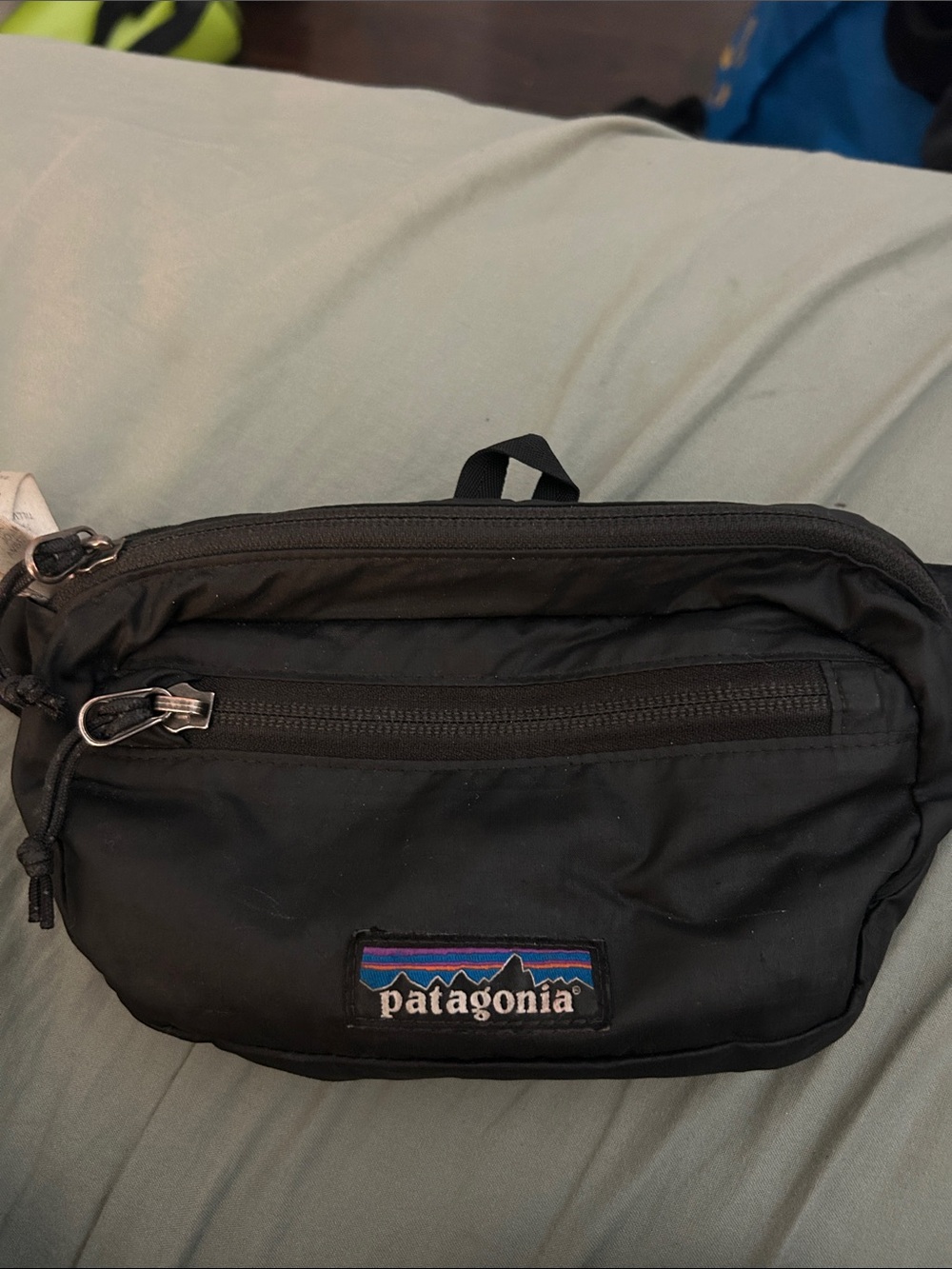Patagonia Black Waist Pack with Purple & Blue Logo